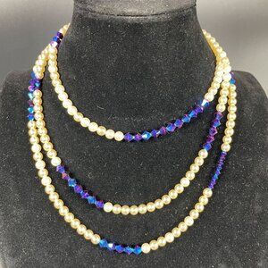 Vintage Faux Pearl & Blue Swarovski Crystal Beaded Necklace Hook Clasp